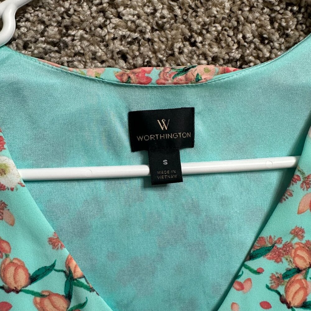 Worthington women's dress, blue, floral, lined, slit, long sleeve, V-neck - Picture 4 of 5